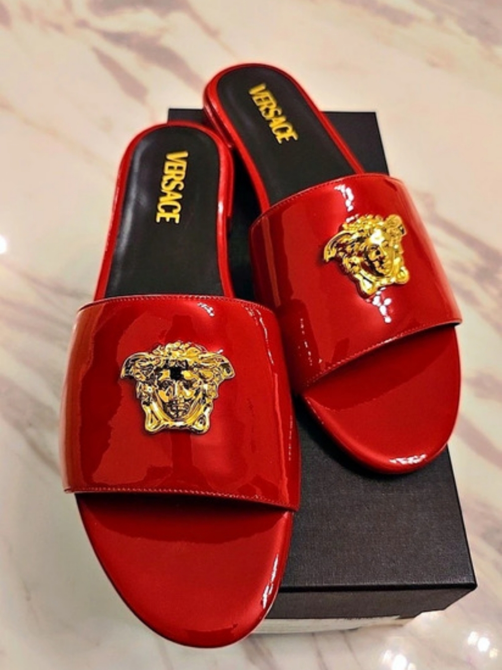 Versace Medusa Patent Slide Sandals Red & Black U.S 11 E.U 41